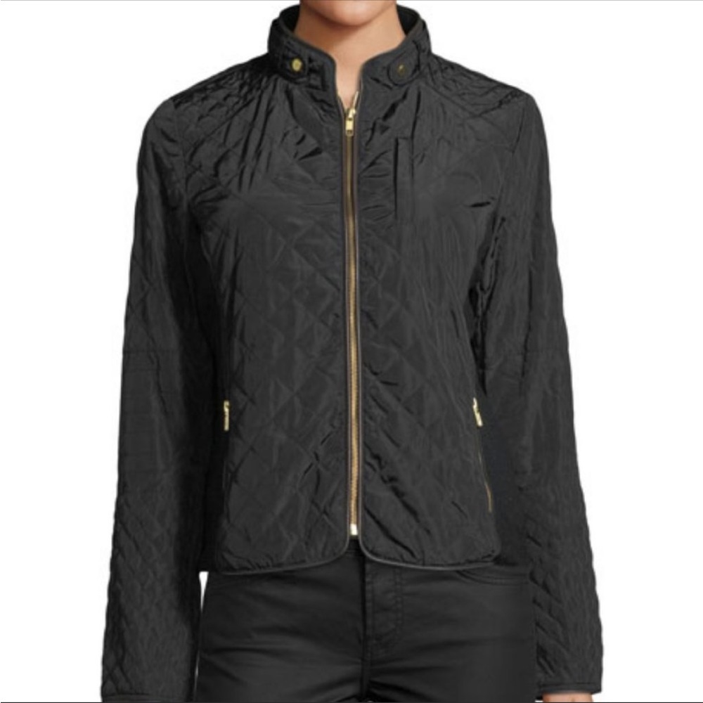 Tyler Boe Black Quilted Moto Jacket Coat Brown Trim Gold Hardware Zip Front Sz M